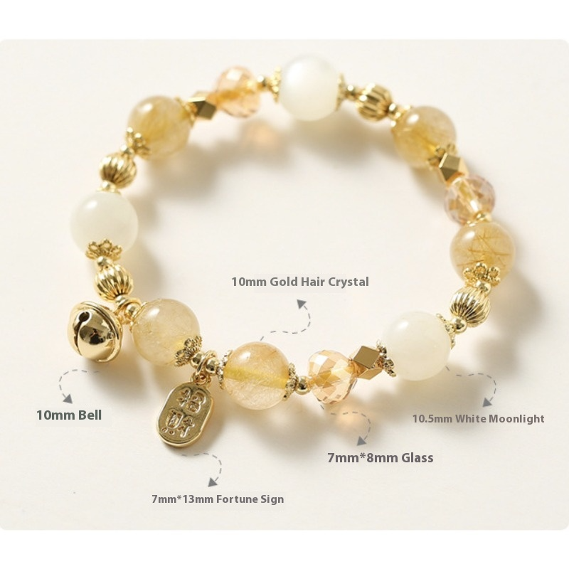 Golden Rutilated Quartz & Moonstone Charm Bracelet – 14K Gold-Plated Bell & Diamond Beads | Lucky Energy Crystal Jewelry for Women