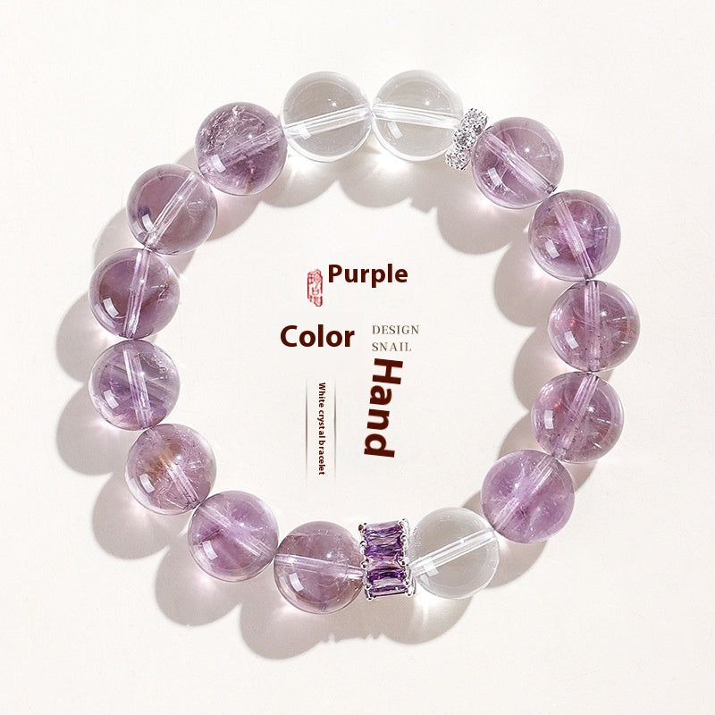 12mm Bolivian Amethyst & Clear Quartz Beaded Bracelet for Women – Elegant High-Vibe Crystal Jewelry lady hand string