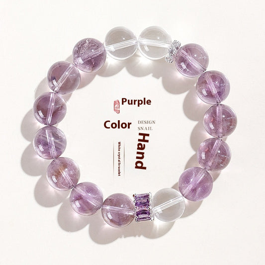 12mm Bolivian Amethyst & Clear Quartz Beaded Bracelet for Women – Elegant High-Vibe Crystal Jewelry lady hand string