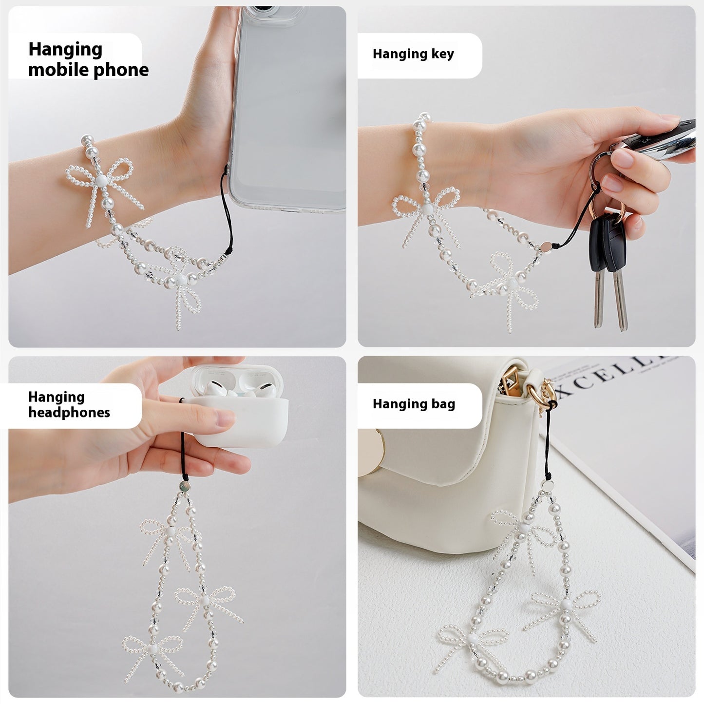 Luxury Pearl Beaded Crystal Phone Charm Strap – Cute Bow Design Wrist Lanyard for Girls – Aesthetic Phone Chain for Case, Earbuds, Wallet & Keys