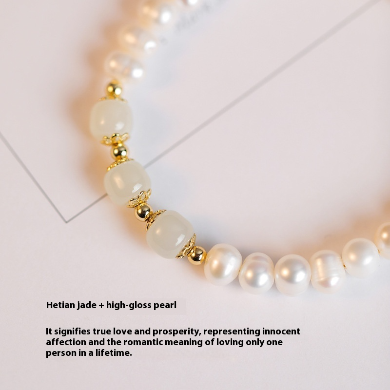 Chinese Style Natural Fresh Water Pearl & He tian Jade Bracelet – Dainty Gift for Women, Girls Handmade Friendship Jewelry