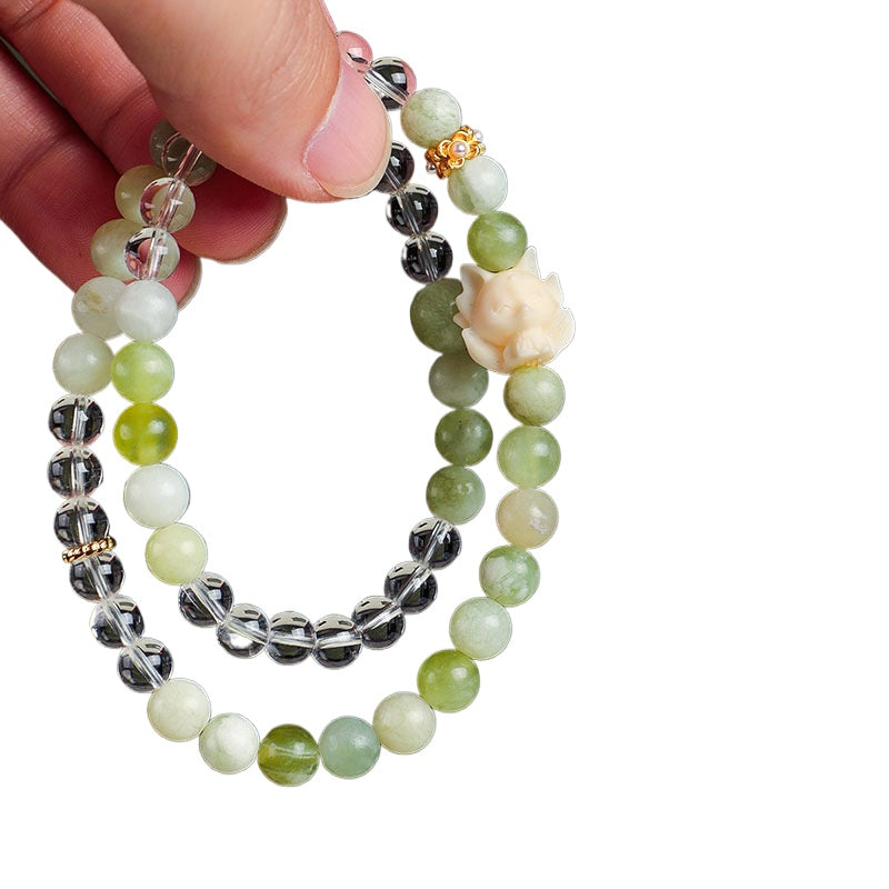 Ivory Nut Beaded Beautiful Bracelet with Green Aventurine & Rose Quartz – Lion Guardian Crystal Bracelet Gift for Women Lady Girls