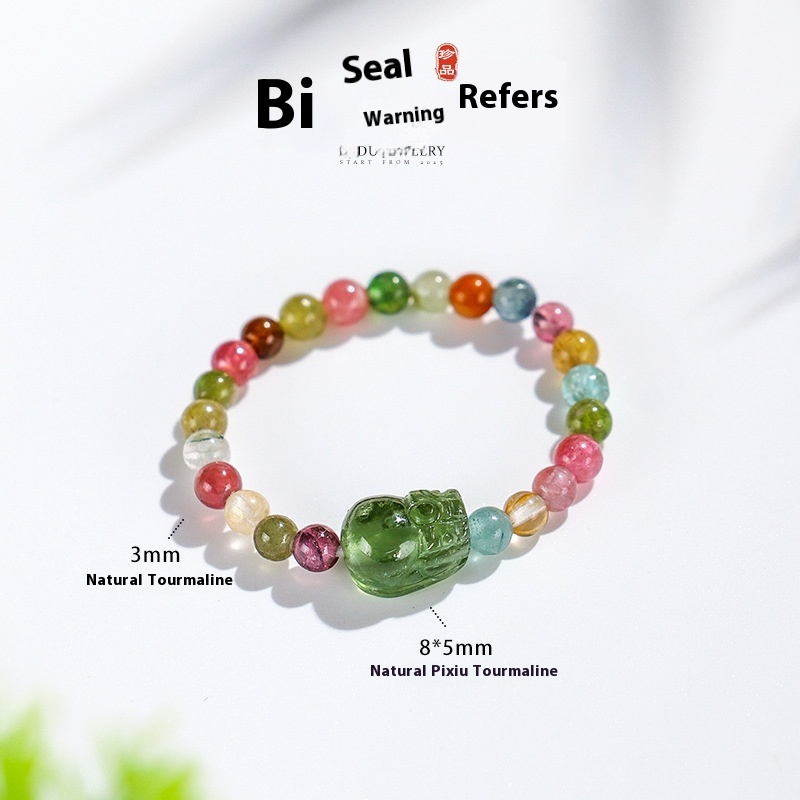 3mm Natural Tourmaline Pixiu Beaded Ring for Women – Adjustable Feng Shui Lucky Charm Ring | Dainty Crystal Jewelry