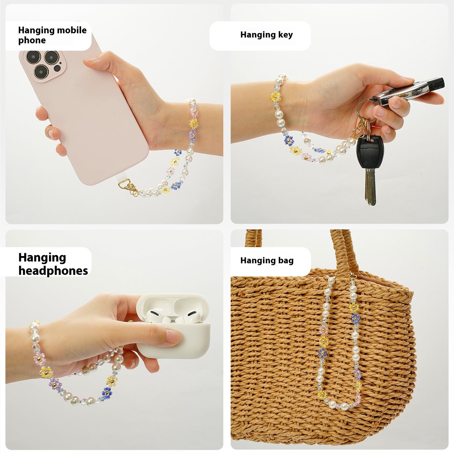 Summer Pearl Daisy Beaded Phone Strap – Short Wrist Lanyard with Elegant Floral Charms | Trendy Minimalist Phone Chain for Girls