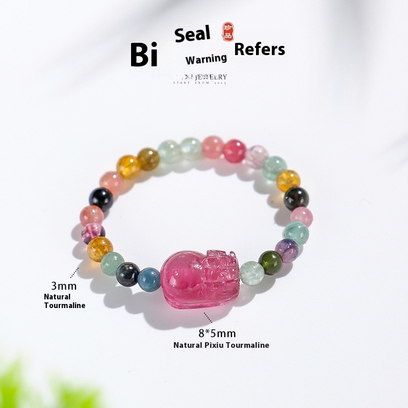 3mm Natural Tourmaline Pixiu Beaded Ring for Women – Adjustable Feng Shui Lucky Charm Ring | Dainty Crystal Jewelry