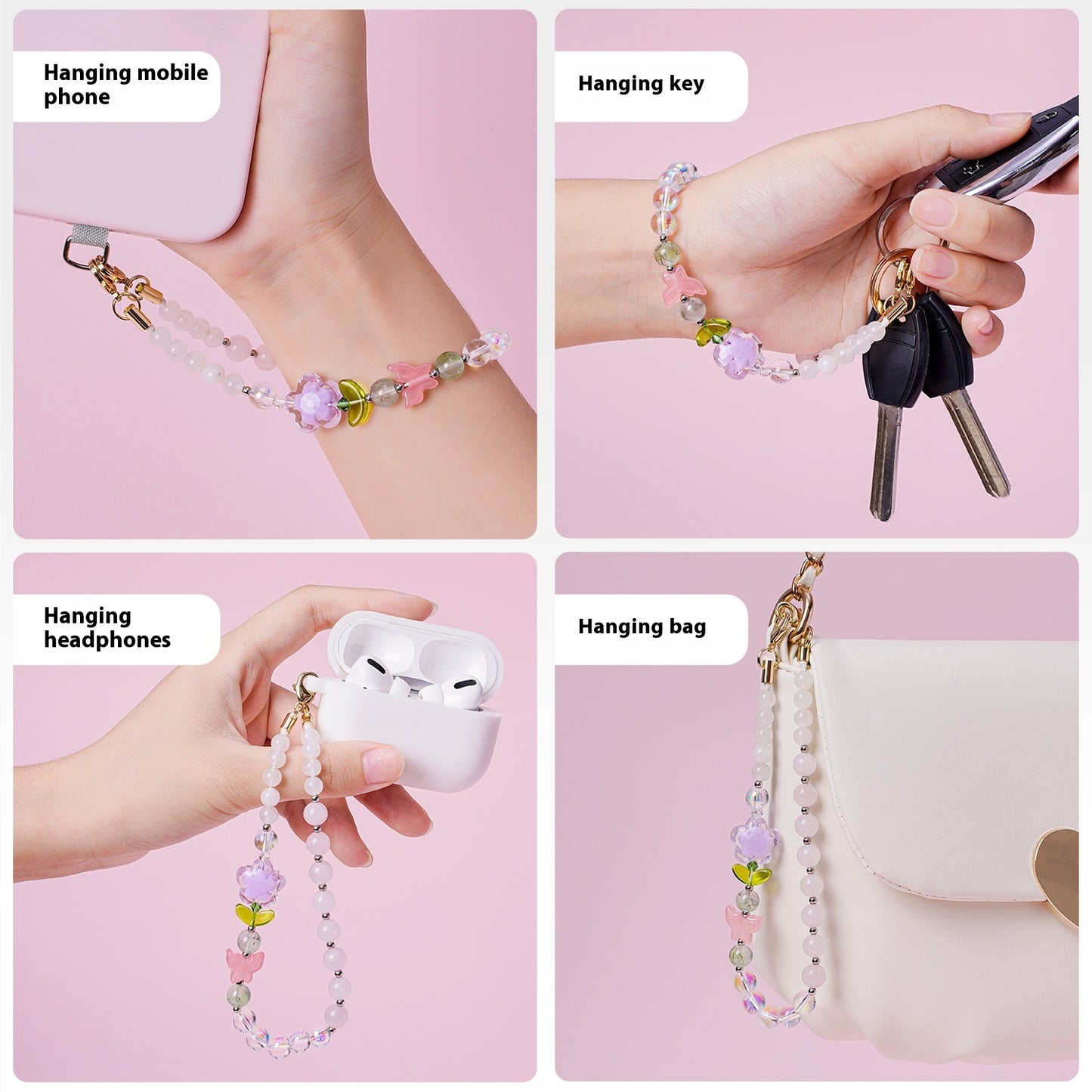 Cute Beaded Crystal Phone Strap – Floral Charm Anti-Lost Lanyard for Girls |   Sweet Aesthetic Wrist Strap for Phone, AirPods & Keys