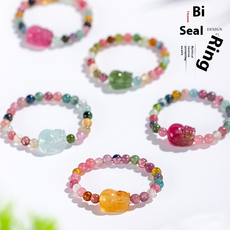 3mm Natural Tourmaline Pixiu Beaded Ring for Women – Adjustable Feng Shui Lucky Charm Ring | Dainty Crystal Jewelry