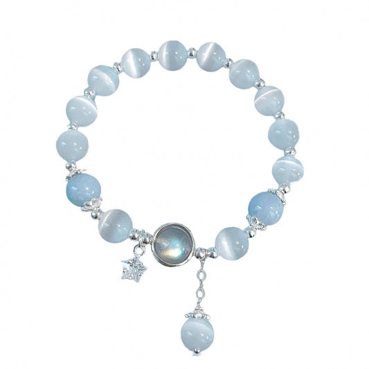 Lucky Retrograde Relief Bracelet – Cat’s Eye, Aquamarine & Moonstone Crystal Jewelry for Women | Elastic Luxe Healing Design