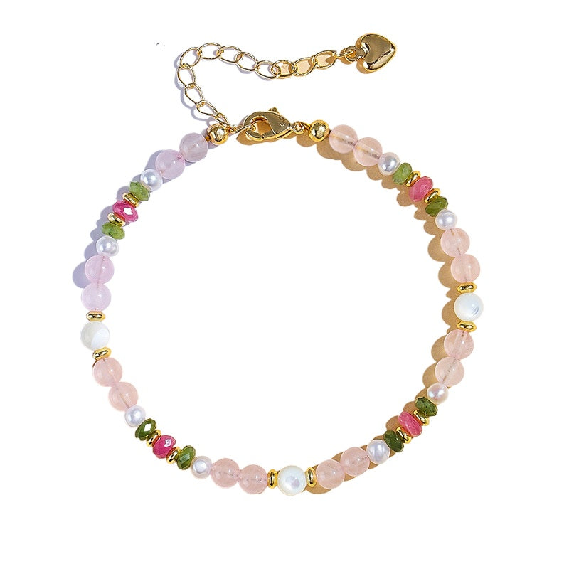 Natural Tourmaline, Morganite & Freshwater Pearl Jewelry Set – 3-Piece Crystal Beaded Ring, Bracelet & Necklace for Women Gift