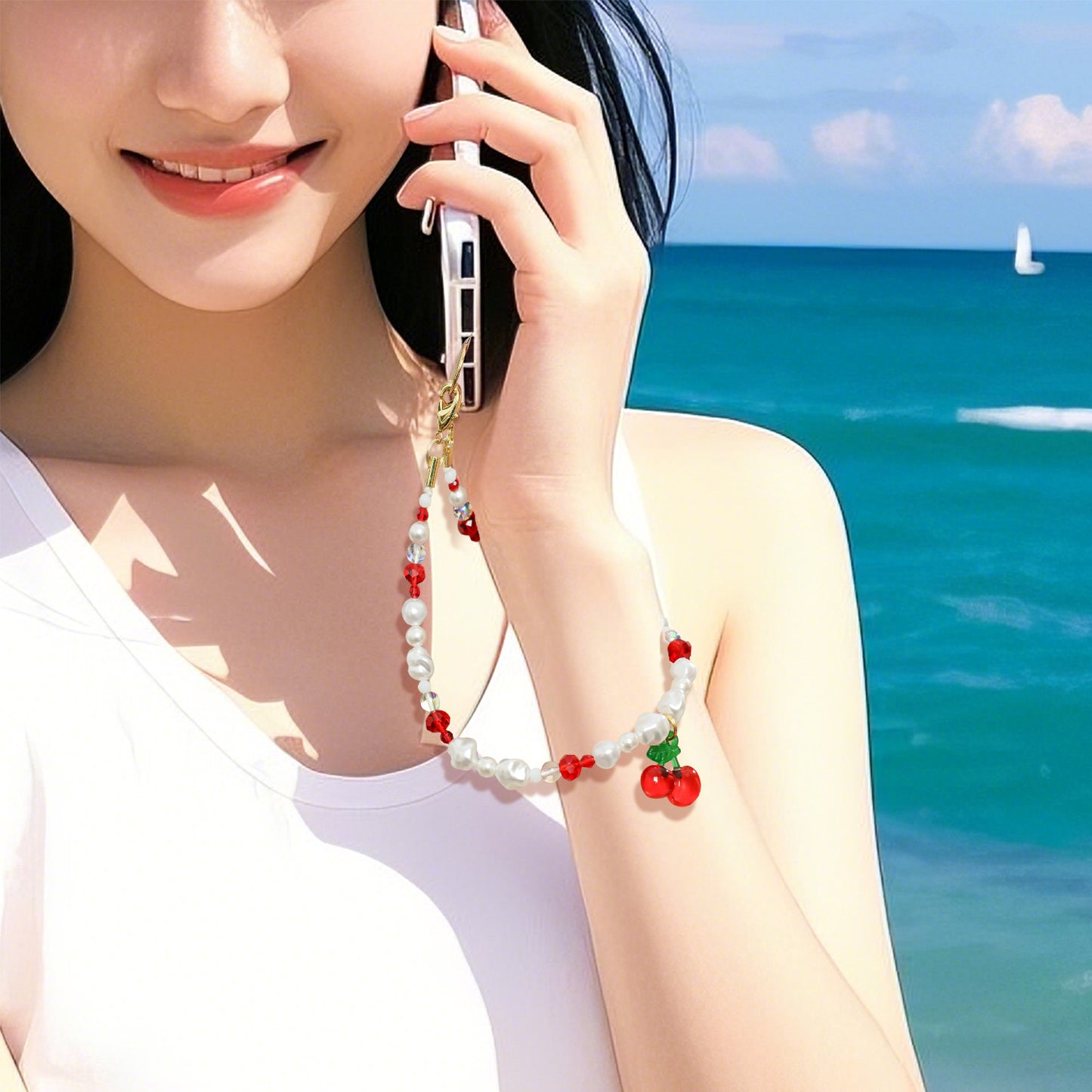 High-end Fashion Cherry Phone Chain Beaded INS Style Korean Version Girl Style Anti-lost Pearl Phone Pendant