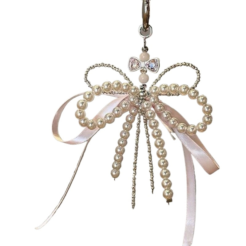Elegant, girly Balletcore Pink Bow Pearl Phone Strap & Keychain – Korean INS Style Bag Charm Accessory