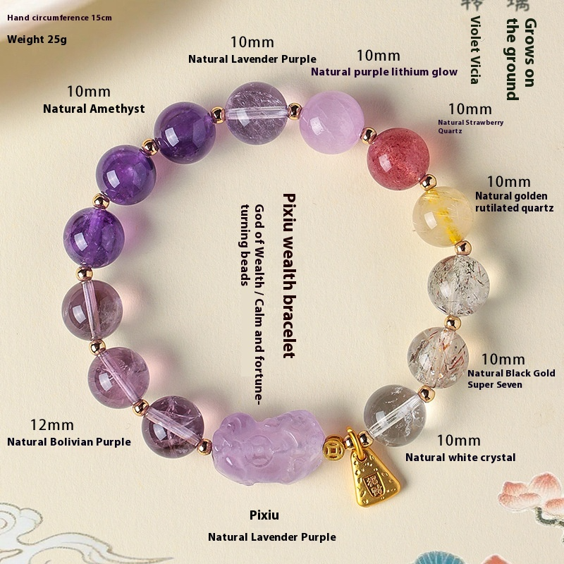 Natural Amethyst Pixiu Multi-Gemstone Bracelet – Lucky Wealth Crystal Jewelry for Women with Super Seven and Black Gold Elements